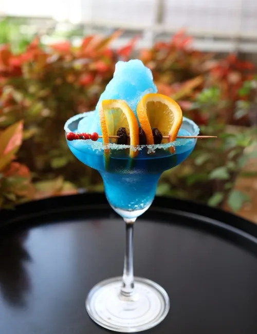 Blue cocktail on the Exotica rooftop
